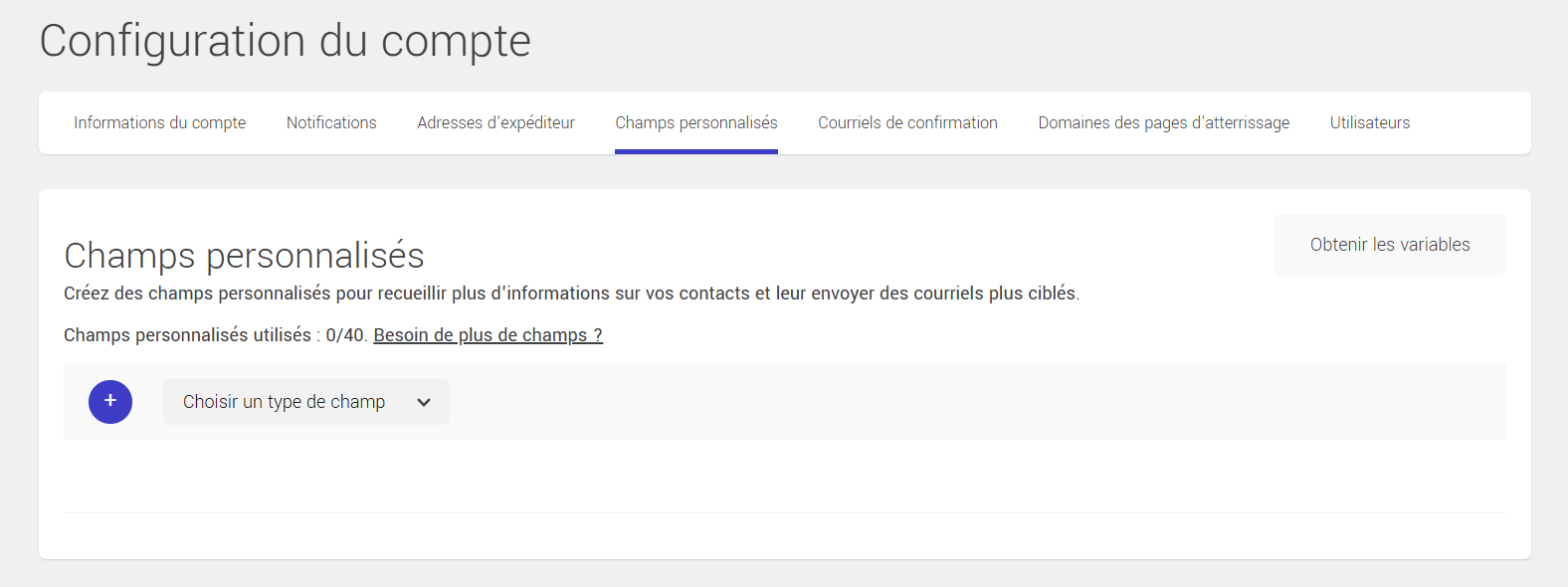 Configuration des champs personnalisés au compte