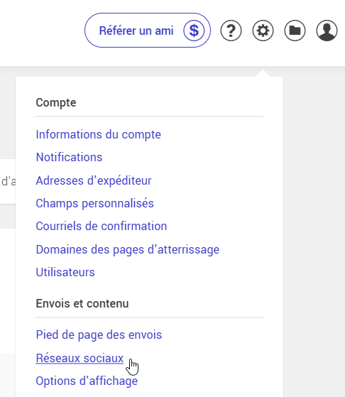 Paramètres et configurations : Réseaux sociaux