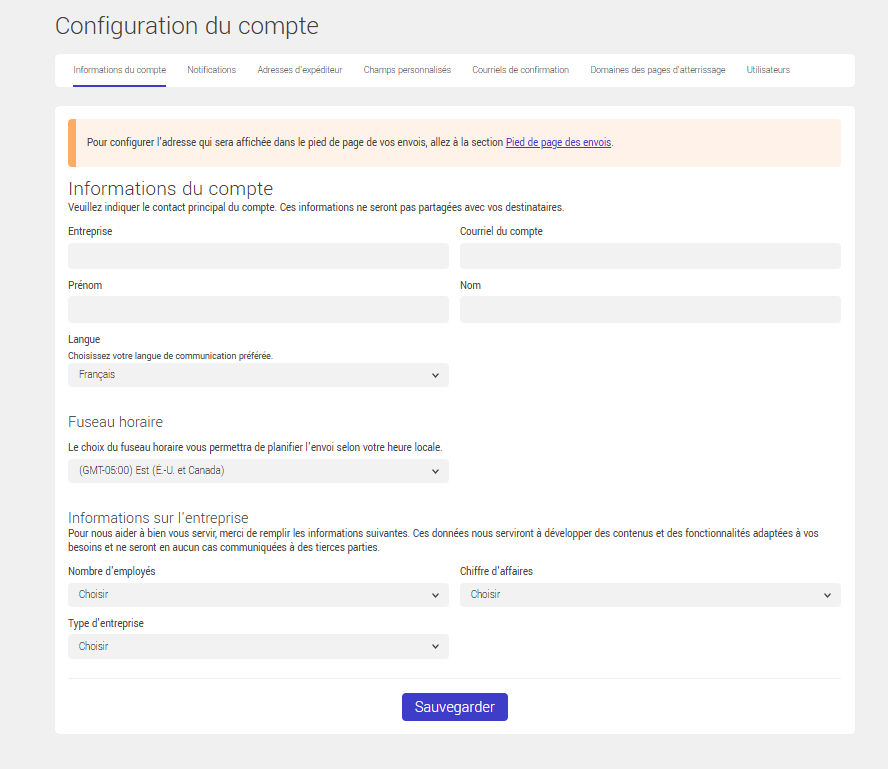 Configuration des informations du compte